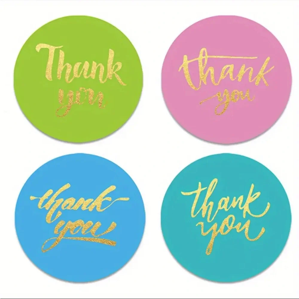 Roll of 500 Pastel Thank You Stickers Gold Cursive Letters.